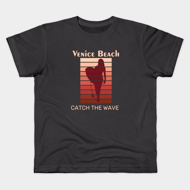 Venice Beach Catch The Wave Retro Sunset Graphic Design Kids T-Shirt by AdrianaHolmesArt